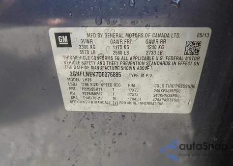 2013 Chevrolet Equinox 2Lt из США, поврежденный, VIN 2GNFLNEK7D6376885